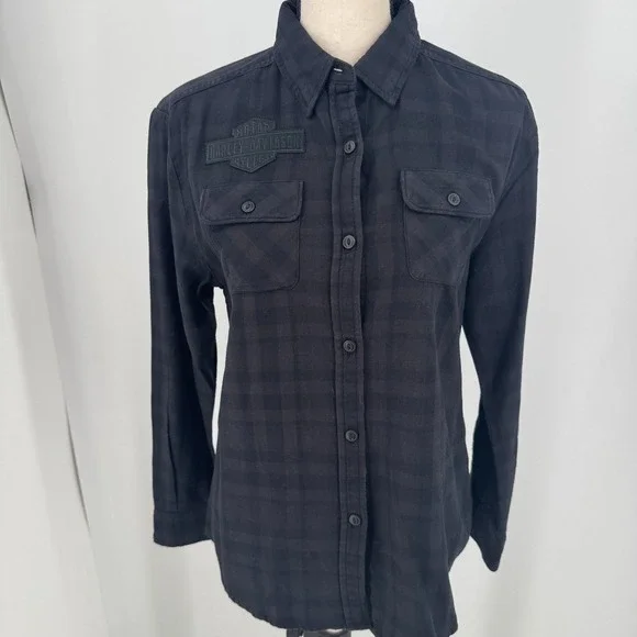 NEW Harley Davidson Plaid Flannel Shirt WOMENS Black‎ Button Close Long Sleeve S - Picture 2 of 10